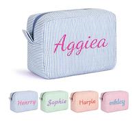 Personalised Make Up Bags with Embroidered Name Large Capacity Cosmetic Bags for Women Travel Toiletry Bag Makeup Pouch Handbags Custom Makeup Bag Cotton Birthday Gift for Girls and Ladies (Blue)