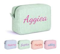 Personalised Make Up Bags with Embroidered Name Large Capacity Cosmetic Bags for Women Travel Toiletry Bag Makeup Pouch Handbags Custom Makeup Bag Cotton Birthday Gift for Girls and Ladies (Green)