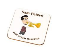 Personalised Male Worlds Best Trumpeter Coaster Gift Boys Mans Trumpet Present (Black Hair White Skin)