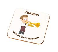 Personalised Male Worlds Best Trumpeter Coaster Gift Boys Mans Trumpet Present (Brown Hair White Skin)