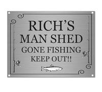 Personalised Man Shed Sign - A5 Brushed Silver Aluminium Plaque with Screw Holes - Gone Fishing/Keep Out