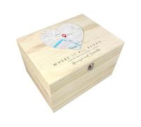 Personalised Map Location Memory Box - Heart Design, Wooden Keepsake Box | Valentine's, Anniversary, Holiday, Friendship Gift | W26 x D18.9 x H15.5cm