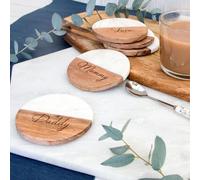 Personalised Marble Wood Coasters Engraved Name Coffee Tea Cups for Family Couples Hen Party Housewarming Gifts (2 Pack)