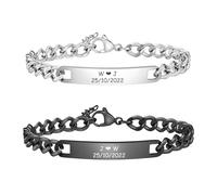 Personalised Matching Bracelets For Couples Men Women - Engraved Id Identity Bracelet Customised Promise for Him and Her Valentine's Day Anniversary Birthday Gift (Silver (16-19cm) + black (19-21cm))