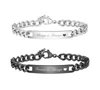 Personalised Matching Couple Bracelets For Women Men - Engraved Identity Custom Promise for Him and Her BF GF Husband Valentine's Day Anniversary Birthday Gift (Silver (16-19cm) + black (19-21cm))