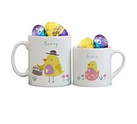 Personalised Matching Easter Mug Set - With 2 Milk Chocolate Easter Eggs | Customised Chick Design With Daughter Son Dad Mam Name For A Unique Easter Gift