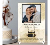 Personalised May Allah Accept Your Umrah Design with Kaaba & Floral Decor Pilgrimage Keepsake Gift for Religious Keepsakes Umrah Mubarak Plaque for Families (Gold, MDF Wood - A5)
