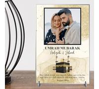 Personalised May Allah Accept Your Umrah Design with Kaaba & Floral Decor Pilgrimage Keepsake Gift for Religious Keepsakes Umrah Mubarak Plaque for Families (Gold, Acrylic - A5)