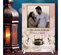 Personalised May Allah Accept Your Umrah Design with Kaaba & Floral Decor Pilgrimage Keepsake Gift for Religious Keepsakes Umrah Mubarak Plaque for Families (Pink, MDF Wood - A4)