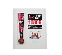 Personalised Medal display Frame with Apertures for Medal, Race Bib, 6x4 Landscape Photo and Text. London Marathon 2025 | 2024 | Marathon Medal | (White Frame)