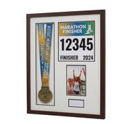 Personalised Medal display Frame with Apertures for Medal, Race Bib, 6x4 Portrait Photo and Text. London Marathon 2026 | 2025 | Marathon Medal | (Walnut Frame)