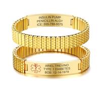 Personalised Medical Alert Bracelet for Men - Customised Gold Plared Stainless Steel Stretch Bracelets Engraved Medic Info, Emergency Awareness Medic ID Bracelet for Allergy Diabetic Asthma Epilepsy