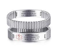 Personalised Medical Alert Bracelet for Men - Customised Silver Stainless Steel Stretch Bracelets Engraved Medic Info, Emergency Awareness Medic ID Bracelet for Autism Diabetic Allergy Epilepsy Dnr