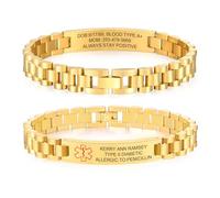 Personalised Medical Alert Bracelet for Men - Free Engraving Stainless Steel Strap Style Medic ID Wristband with Epilepsy Allergy Emergency Infor, Customised Gold Plated SOS Medical Bracelets
