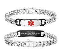 Personalised Medical Alert Bracelet for Men - Free Engraving Surgical Steel Cuban Chain Link Medic ID Bracelets with Emergency Infor, Customised SOS Medical Bracelet for Epilepsy Allergy Diabetic