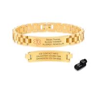 Personalised Medical Alert Bracelets for Men - Stainless Steel Waterproof Medic ID Wristband Engraved Emergency Info ICE, Customised Life Alert Bracelet Jewelry for Diabetic Epilepsy Allergy (Gold)