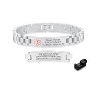 Personalised Medical Alert Bracelets for Men - Stainless Steel Waterproof Medic ID Wristband Engraved Emergency Info ICE, Customised Life Alert Bracelet Jewelry for Diabetic Epilepsy Allergy (Silver)