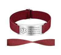 Personalised Medical Alert Bracelets for Men Women - Free Engraving Medi ID Stainless Steel Adjustable Elastic Wristband Custom Emergency Bracelet for Autism Allergy Diabetic (Red-silver)