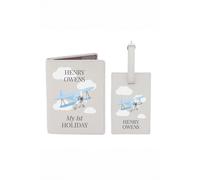 Personalised Memento Company Men's Personalised Blue Plane Passport Holder & Luggage Tag Set in Beige Personalised Memento Company Beige