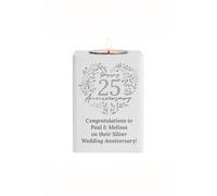 Personalised Memento Company Personalised 25th Silver Wedding Anniversary Tea Light Holder in White Personalised Memento Company White