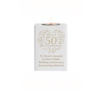 Personalised Memento Company Personalised 50th Golden Wedding Anniversary Tea Light Holder in White Personalised Memento Company White