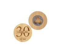 Personalised Memento Company Personalised Big Age Bamboo Bottle Opener Coaster in Light Brown Personalised Memento Company Light Brown