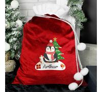 Personalised Memento Company Personalised Christmas Penguin Luxury Pom Pom Red Sack