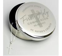 Personalised Memento Company Personalised First Holy Communion Round Trinket Box & Cross Necklace Set