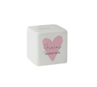 Personalised Memento Company Personalised Pink Heart Ceramic Square Money Box in White Personalised Memento Company White
