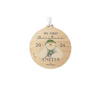 Personalised Memento Company Personalised The Snowman® My First Christmas Round Wooden Decoration in Brown Personalised Memento Company Brown