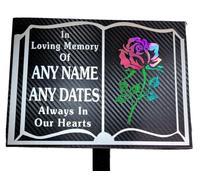 Personalised Memorial Book Plaque, In Loving Memory Grave Marker with Stake, Customisable Name and Dates, Multiple Verse Options (Rose Design 2)