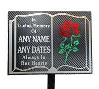 Personalised Memorial Book Plaque, In Loving Memory Grave Marker with Stake, Customisable Name and Dates, Multiple Verse Options (Rose Design 1)