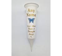 Personalised Memorial Grave Vase, White with Butterfly Design, Never More Than A Thought Away, (Blue)