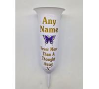 Personalised Memorial Grave Vase with Butterfly Design, Never More Than A Thought Away, Available (White Glossy with Purple Butterfly)