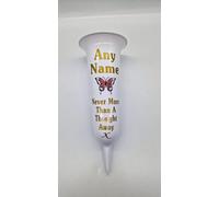 Personalised Memorial Grave Vase with Butterfly Design, Never More Than A Thought Away, Available (White Glossy with Pink Butterfly)