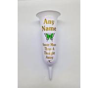 Personalised Memorial Grave Vase with Butterfly Design, Never More Than A Thought Away, Available (White Glossy with Green Butterfly)