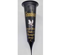 Personalised Memorial Graveside Flower Vase, Black with Gold Text, 'Never More Than A Thought Away' (Grandson)