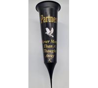 Personalised Memorial Graveside Flower Vase, Black with Gold Text, 'Never More Than A Thought Away' (Partner)