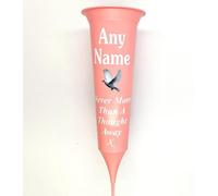 Personalised Memorial Graveside Flower Vase with Dove, Pink with White Writing 'Never More Than A Thought Away'