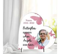 Personalised Memorial Photo Plaque - "Butterflies Appear When Angels Are Near" | Custom Remembrance Plaque for Grandma, Nanna, Mum (Pink, Mdf Wood 13.5cm x 13.5cm)