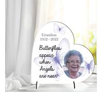 Personalised Memorial Photo Plaque - "Butterflies Appear When Angels Are Near" | Custom Remembrance Plaque for Grandma, Nanna, Mum (Lilac, Mdf Wood 19cm x 19cm)