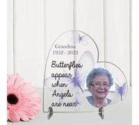 Personalised Memorial Photo Plaque - "Butterflies Appear When Angels Are Near" | Custom Remembrance Plaque for Grandma, Nanna, Mum (Lilac, Acrylic 19cm x 19cm)