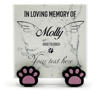 Personalised Memorial White Marble Stone Plaque With Paw Dispaly Stand For Pet Cat Dog Grave Marker - Size |4" x 4" or 10 x 10 cm|- Custom Text