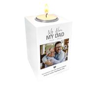 Personalised Memorial White Wooden Photo Tea Light Holder - Bold Text, Custom Message | Sympathy Gift, Remembrance | W7cm x D7cm x H10cm