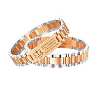 Personalised Men Medical Alert Bracelets - Free Engraving Medic ID Bracelet Adjustable Stainless Steel Waterproof Custom Emergency Wristband for Autism Allergy Diabetic Epilepsy (Rose gold- Silver)