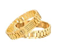 Personalised Men Medical Alert Bracelets - Free Engraving Medic ID Bracelet Adjustable Stainless Steel Waterproof Custom Emergency Wristband for Autism Allergy Diabetic Epilepsy (Gold)