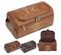 Personalised Men Toiletry Bag, Custom Engraved Travel Dopp Kit with Name Initials, Valentines Gift, Groomsmen & Best Man Gift, Father's Day, Wedding, Birthday Present for Husband, Light Brown