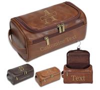 Personalised Men Toiletry Bag, Custom Engraved Travel Dopp Kit with Name Initials, Valentines Gift, Groomsmen & Best Man Gift, Father's Day, Wedding, Birthday Present for Husband, Dark Brown