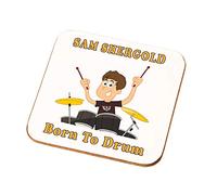 Personalised Mens Born To Drum Coaster Gift Sons Boyfriends Drumming Present (Brown Hair White Skin)