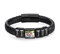 Personalised Men's Bracelet Leather Bracelet with Name Photo Gift for Men Dad Husband Boyfriend Grandad Friend (Black-5 name)